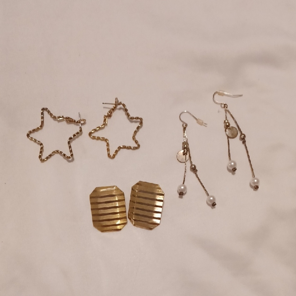 $4 Add-on Gold Coloured Metallic Earrings - Set Of 3 Pairs